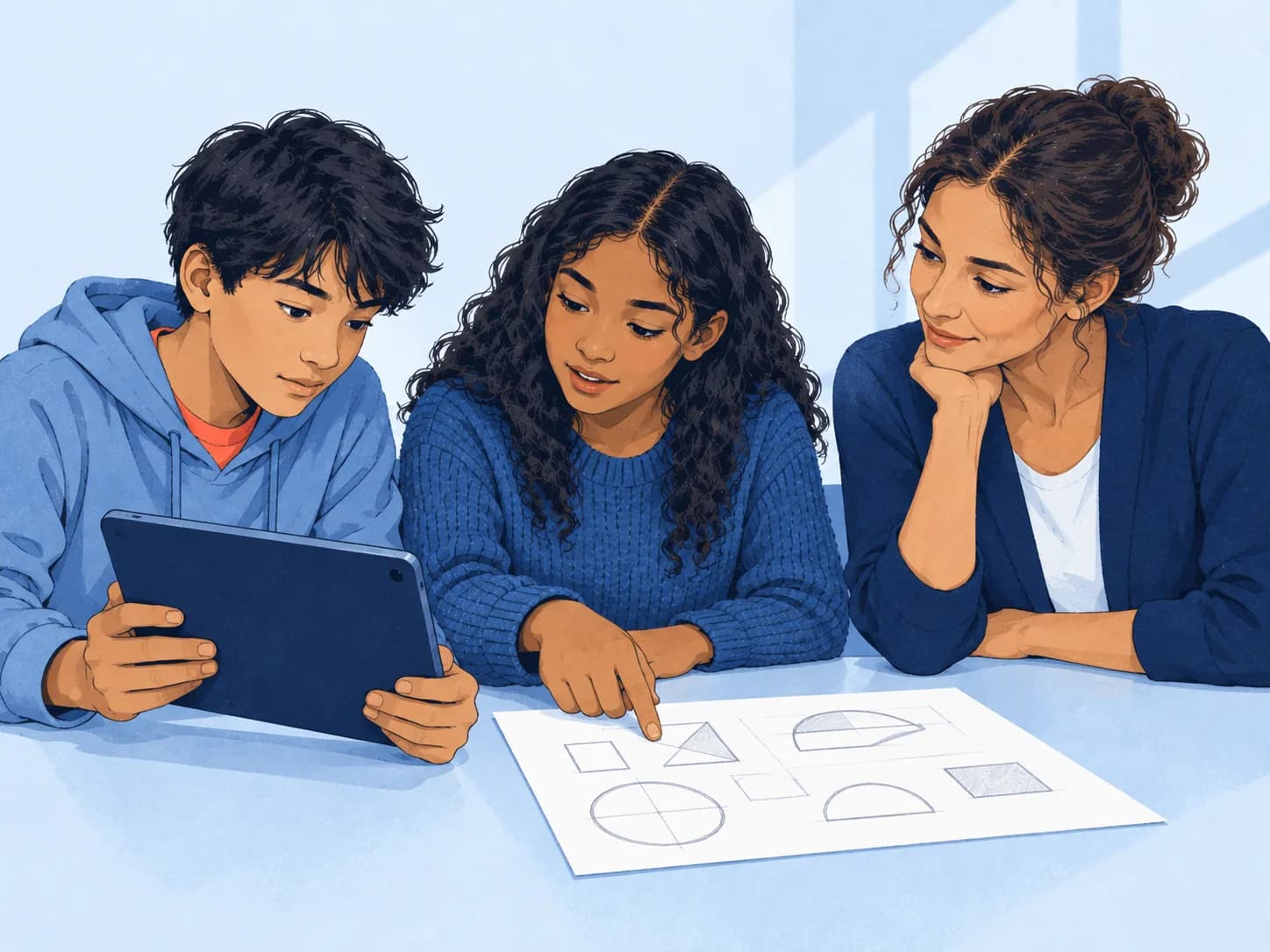 Illustration of two adolescents comparing a tablet and a paper sketch with an attentive educator.