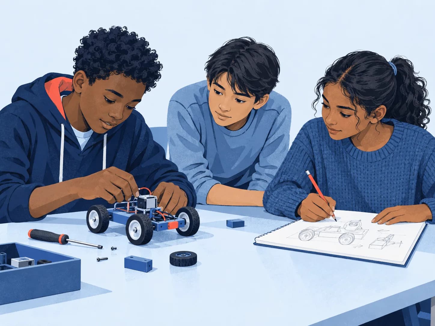 Illustration of three adolescents adjusting a wheeled prototype, observing it, and sketching improvements together.